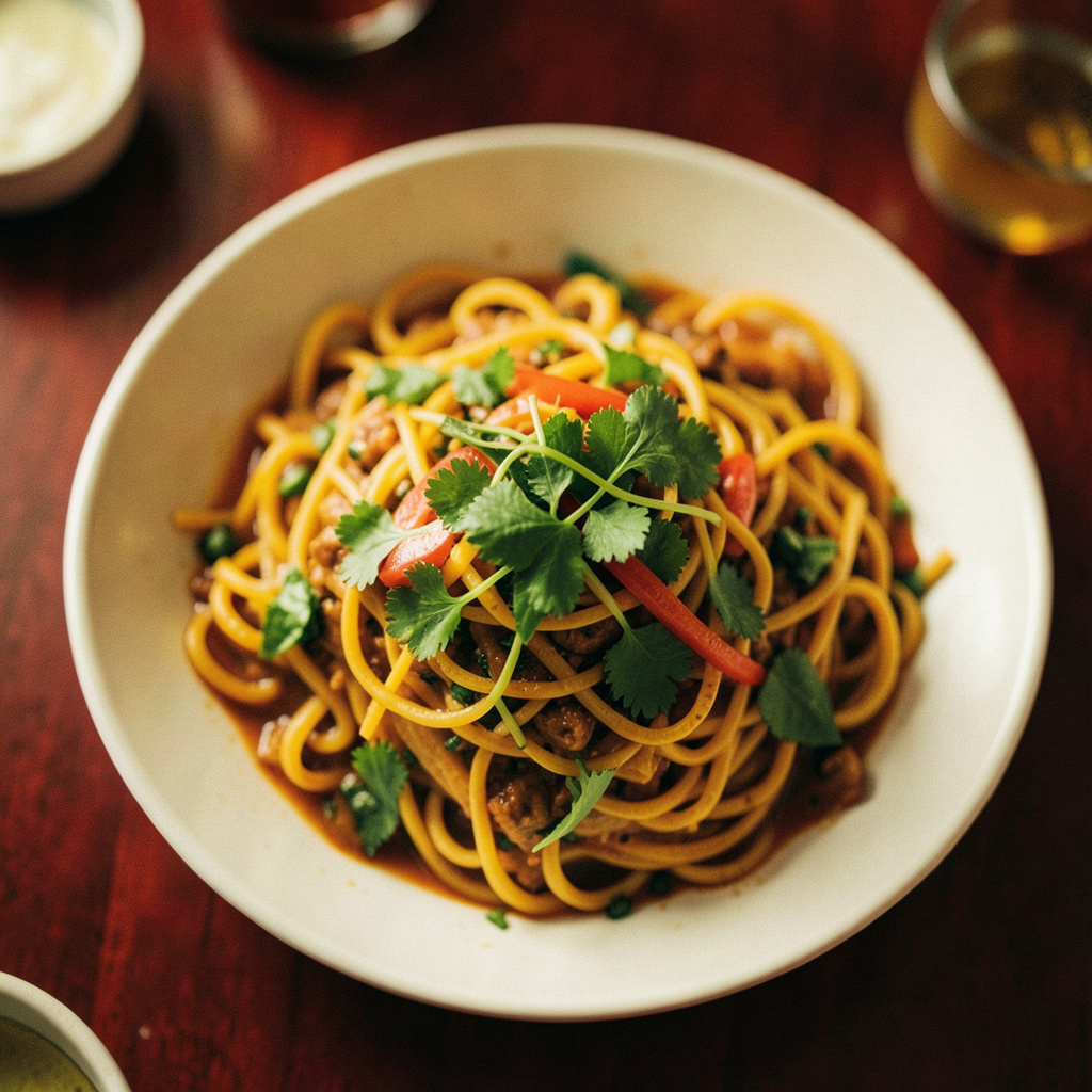 Overhead view of a plant-based Thai noodle dish with bright herbs, shallow depth of field, warm red and mustard color palette