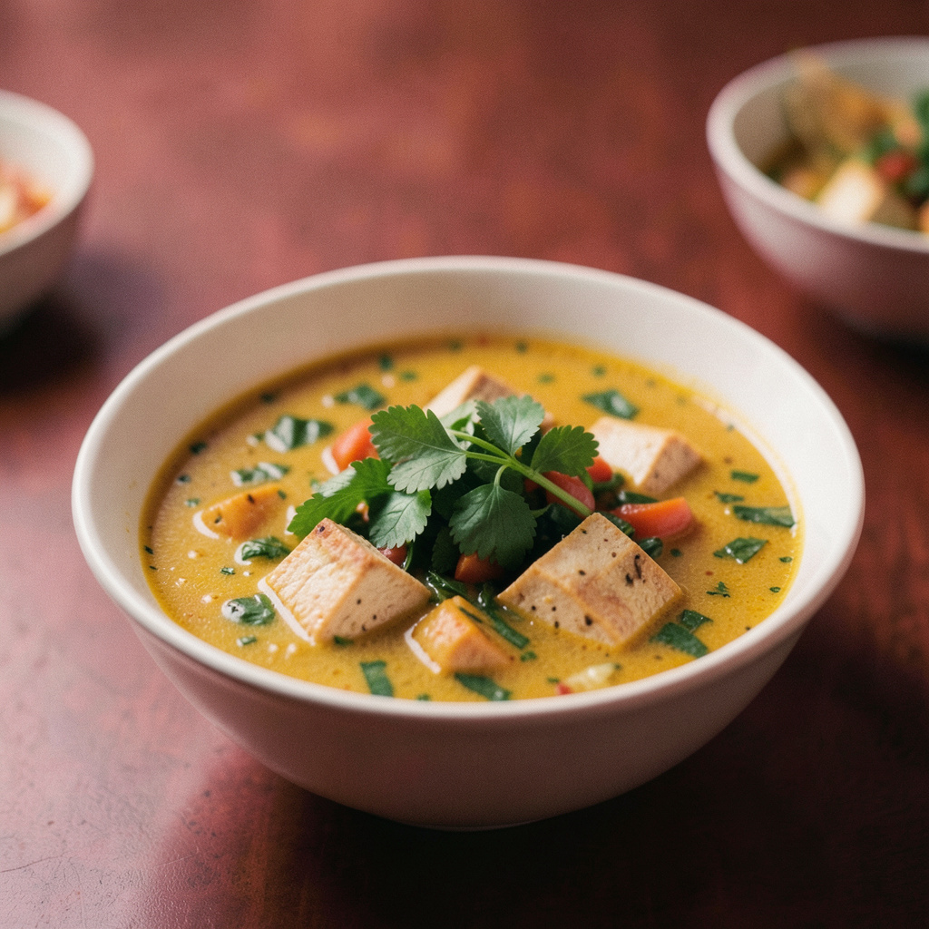 Bowl of vegan Thai soup with fresh herbs and tofu, warm lighting, shallow focus, dusty pink and red color mood