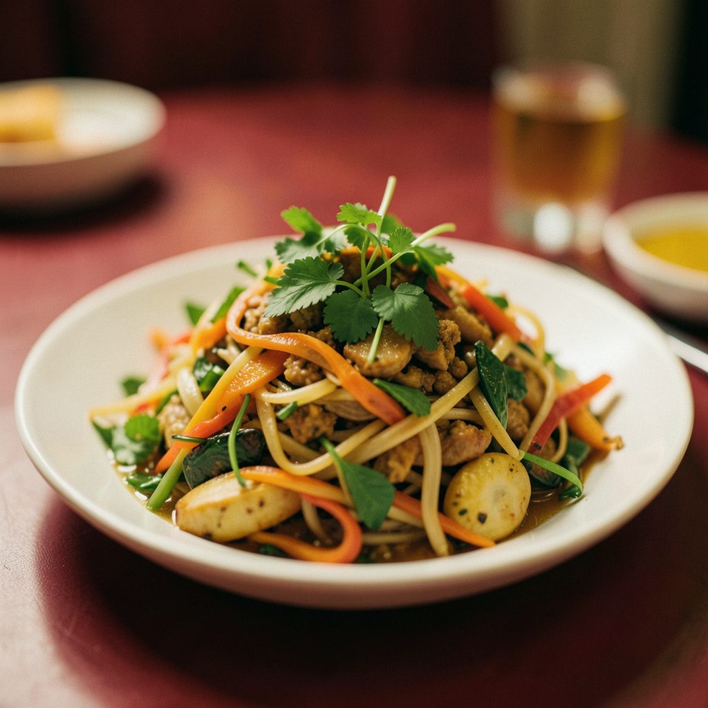 Plate of vegan Thai salad with herbs and vegetables, shallow depth of field, soft red and mustard color palette, inviting mood