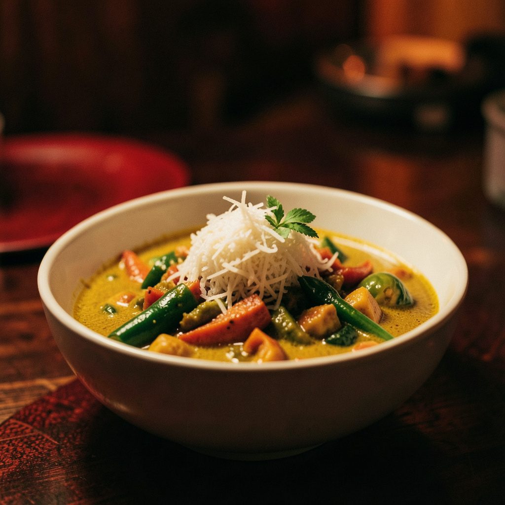 Vegan Thai curry dish with coconut and vegetables in a bowl, warm cinematic lighting, deep red tones, cozy mood